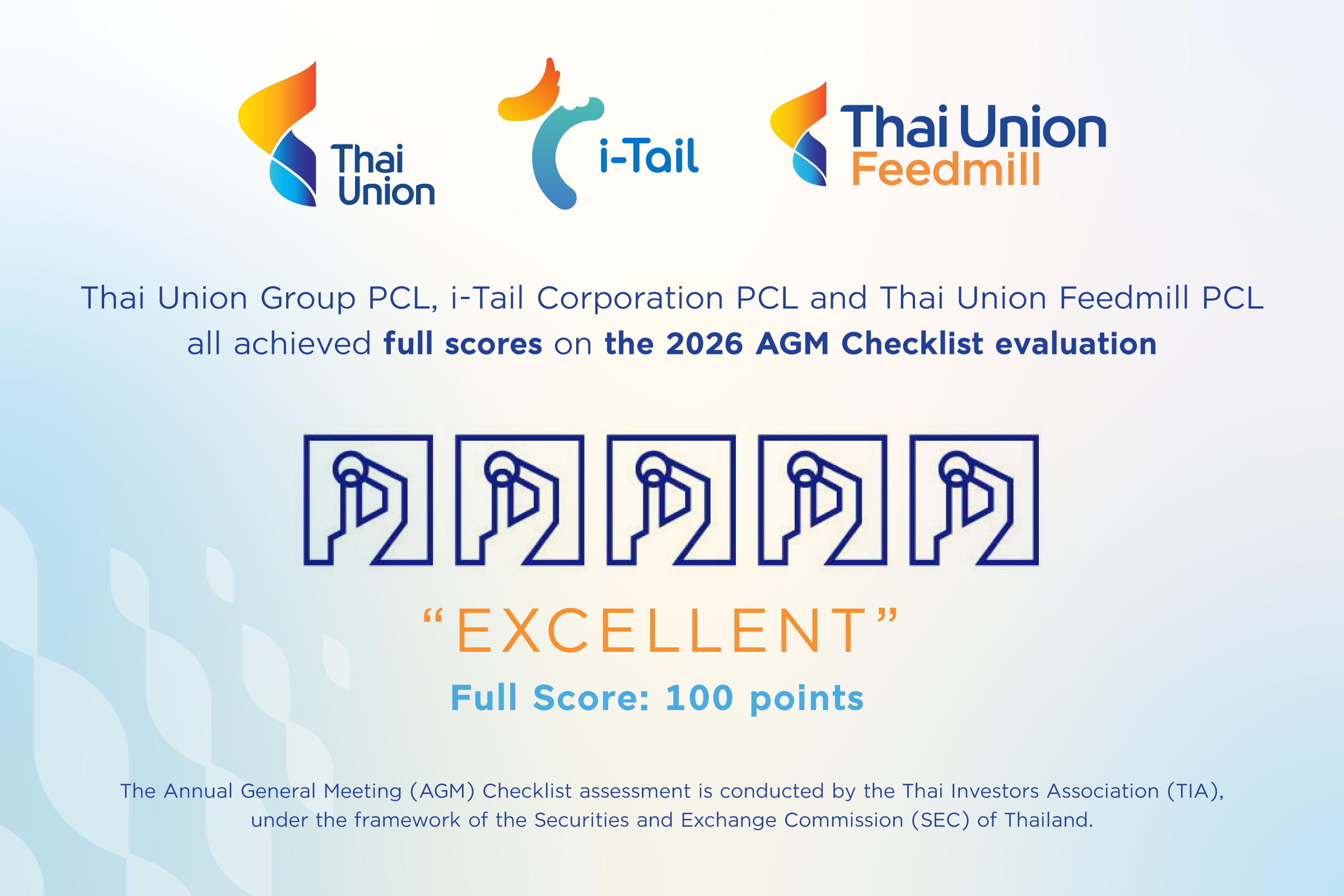 Thai Union Group, i-Tail and Thai Union Feedmill earn a perfect 100 in the 2026 AGM Checklist